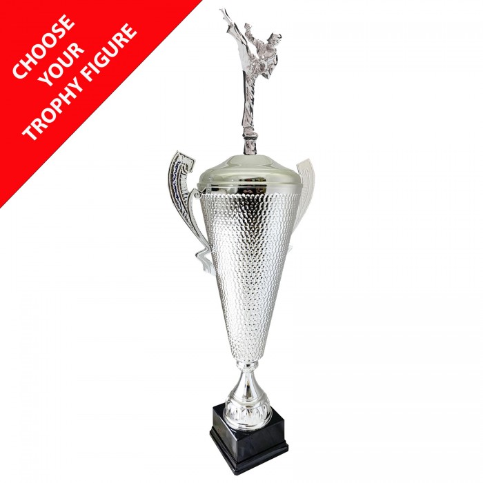  METAL FIGURE TROPHY MOUNTED ON A TALL CONICAL HANDLED CUP  - AVAILABLE IN 3 SIZES